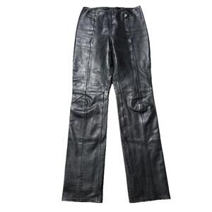 Vintage 90s Y2K Cache Leather Pants Black Zip Up Moto 100% Leather Straight Sz 4